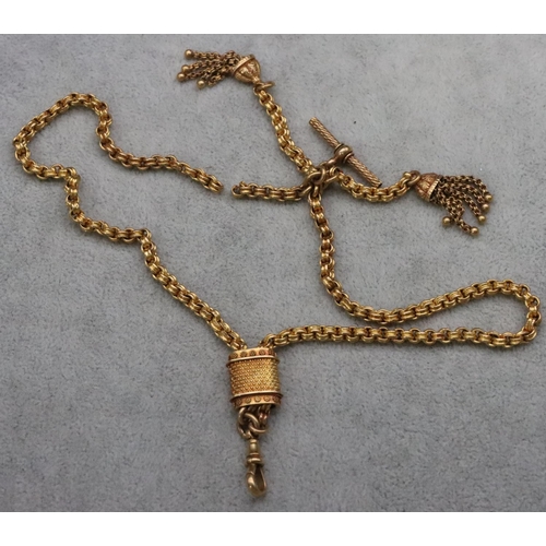 339 - A 15ct gold fob chain with T-bar and tassels (1 link in need of restoration), 26.1 grams