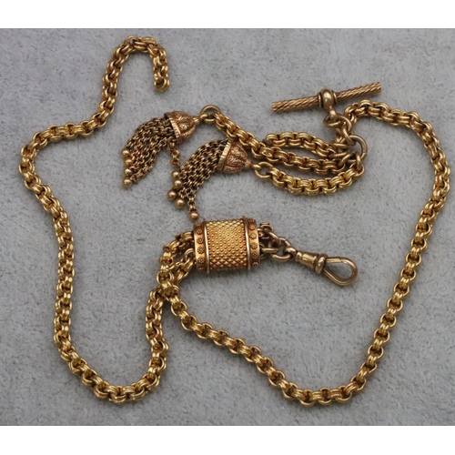 339 - A 15ct gold fob chain with T-bar and tassels (1 link in need of restoration), 26.1 grams