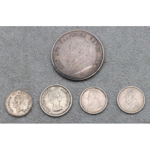 362 - A Victorian Zar Bank 2 and 1/2 Shilling silver coin, 3 South African Zar coins and 1 other coin (5)