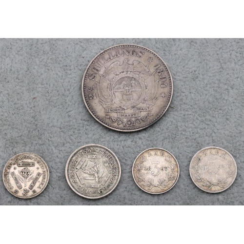 362 - A Victorian Zar Bank 2 and 1/2 Shilling silver coin, 3 South African Zar coins and 1 other coin (5)