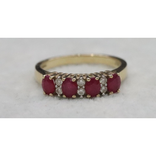 365 - A 9ct gold ladies' ring set with 4 rubies interspersed by 6 small diamonds, Size N/O, 2.6 grams