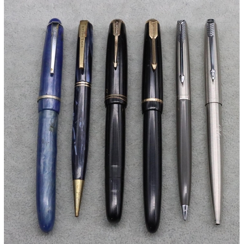 375 - Parker Duofold black fountain pen, another Parker fountain pen and Osmiroid 65 blue fountain pen, 2 ... 