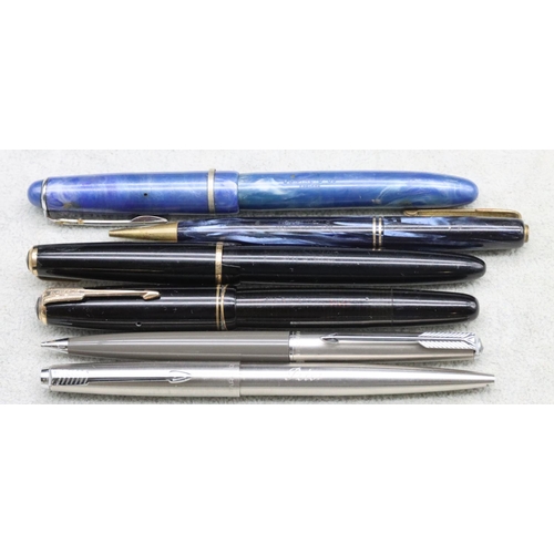 375 - Parker Duofold black fountain pen, another Parker fountain pen and Osmiroid 65 blue fountain pen, 2 ... 