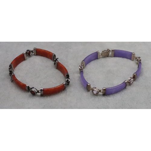 385 - A 925 Oriental silver and red hardstone panel bracelet and another silver and purple hardstone panel... 