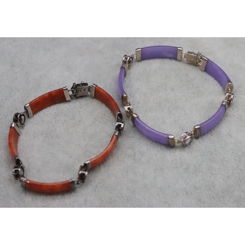 385 - A 925 Oriental silver and red hardstone panel bracelet and another silver and purple hardstone panel... 