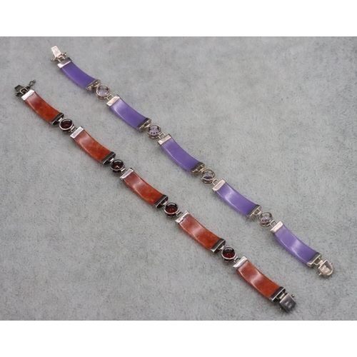 385 - A 925 Oriental silver and red hardstone panel bracelet and another silver and purple hardstone panel... 