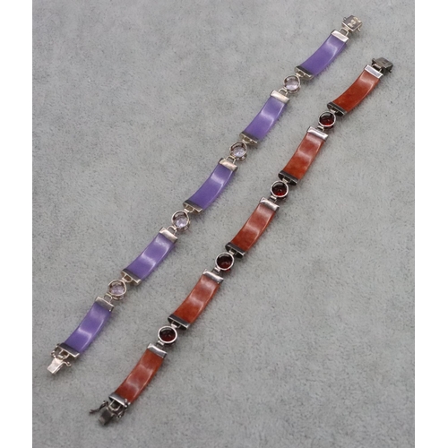 385 - A 925 Oriental silver and red hardstone panel bracelet and another silver and purple hardstone panel... 