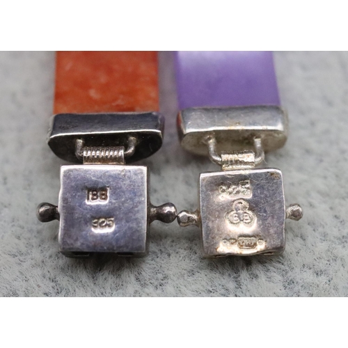 385 - A 925 Oriental silver and red hardstone panel bracelet and another silver and purple hardstone panel... 