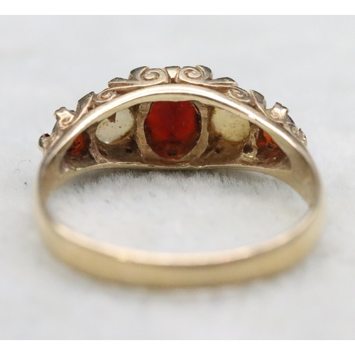 391 - A 9ct gold ladies' ring set with 3 garnets interspersed by 2 opals, Size O/P, 2.8 grams gross