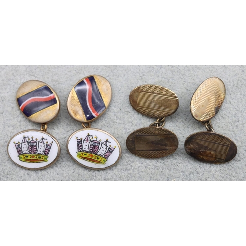 396 - A pair of gentlemen's oval cufflinks with enamel decoration and a pair of silver gilt oval cufflinks... 