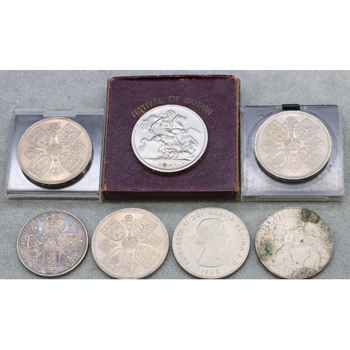 397 - A 19th Century silver double Florin, 1890, a 1951 Festival of Britain and 5 various odd coins (7)