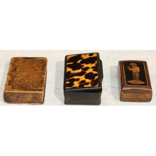 432 - A tortoiseshell rectangular shaped snuff box with hinged lid, a fruitwood snuff box in the form of a... 