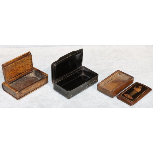 432 - A tortoiseshell rectangular shaped snuff box with hinged lid, a fruitwood snuff box in the form of a... 