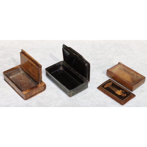 432 - A tortoiseshell rectangular shaped snuff box with hinged lid, a fruitwood snuff box in the form of a... 