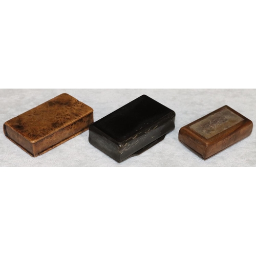 432 - A tortoiseshell rectangular shaped snuff box with hinged lid, a fruitwood snuff box in the form of a... 