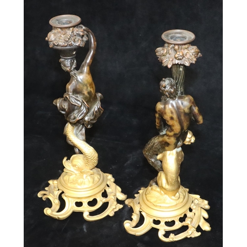 434 - A pair of 19th Century ormolu and bronze candlesticks in the form of a faun seated upon a leopard an... 