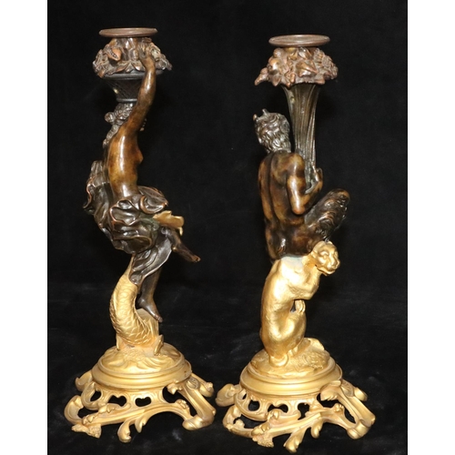 434 - A pair of 19th Century ormolu and bronze candlesticks in the form of a faun seated upon a leopard an... 