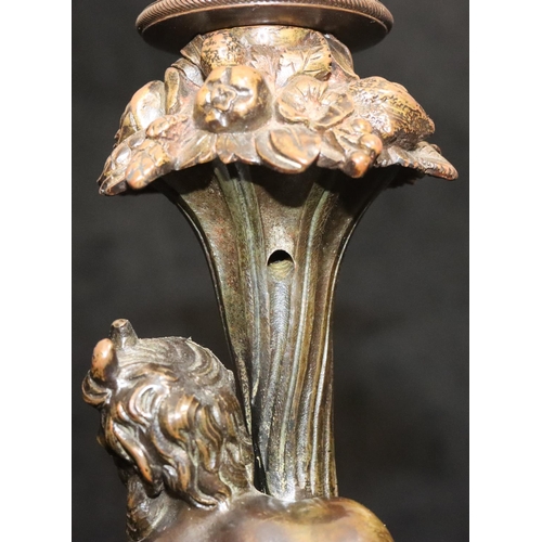 434 - A pair of 19th Century ormolu and bronze candlesticks in the form of a faun seated upon a leopard an... 