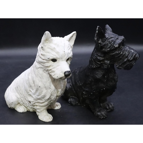 435 - A pair of painted Whyte & Mackay figures of seated Scottie dogs, on white and black ground, 19.5cm h... 