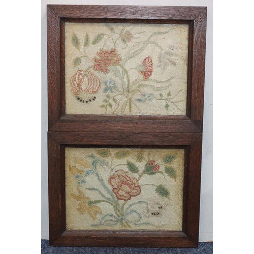 442 - 2 antique needlework pictures depicting flowers, in oak frames, 20cm x 25cm overall