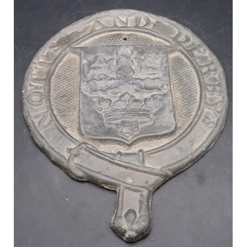 462 - Nott's & Derby's lead Fire Insurance Mark with raised crest to centre, 26cm high