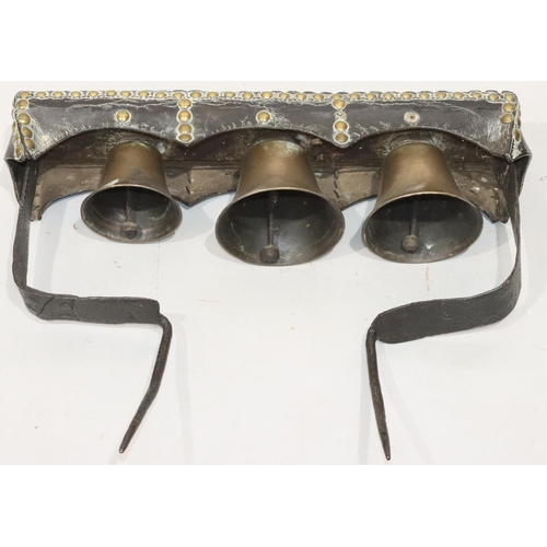 469 - A Georgian heavy horse Belfry set of 3 team bells with leather top and brass studded decoration, 54c... 