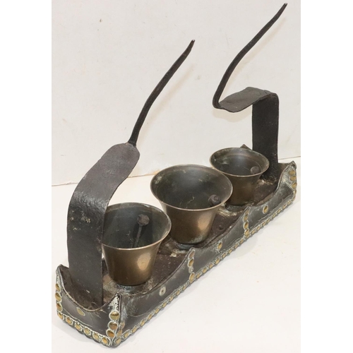 469 - A Georgian heavy horse Belfry set of 3 team bells with leather top and brass studded decoration, 54c... 