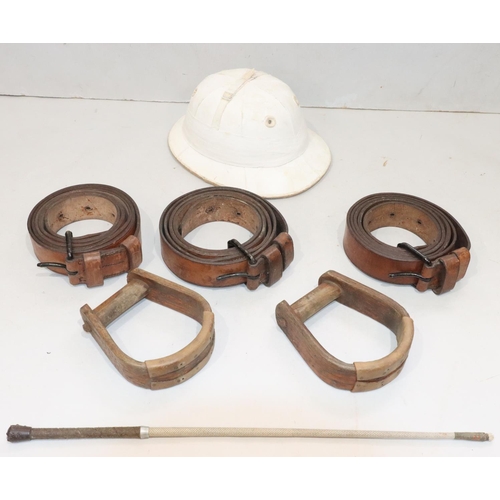 470 - 3 military large leather horse's belts (all stamped M.C S.E.N 1948), 2 wooden stirrups, a whip and a... 