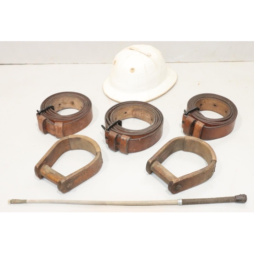 470 - 3 military large leather horse's belts (all stamped M.C S.E.N 1948), 2 wooden stirrups, a whip and a... 