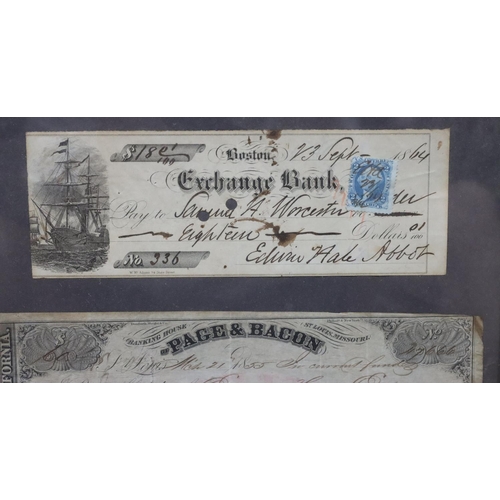 478 - A 19th Century framed American Check of Payment Verified etc., in later frame