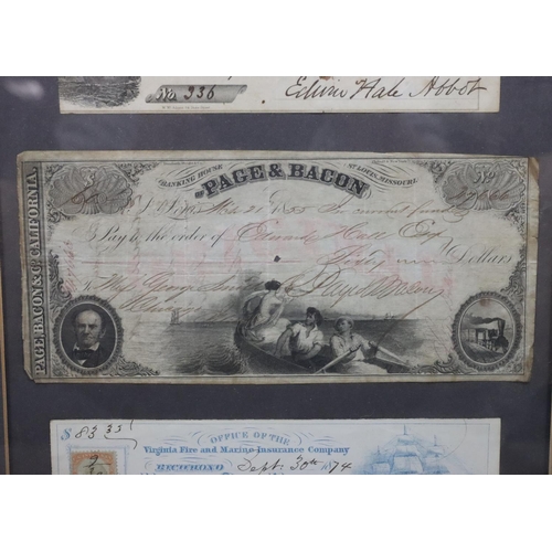 478 - A 19th Century framed American Check of Payment Verified etc., in later frame