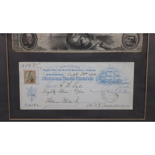 478 - A 19th Century framed American Check of Payment Verified etc., in later frame