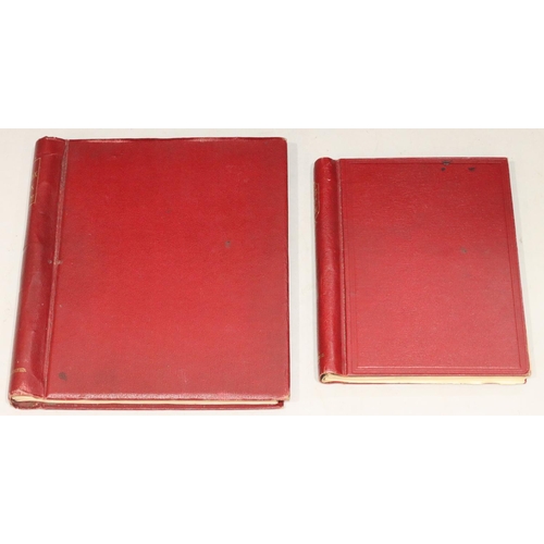 479 - 2 red leather stamp albums containing United States, Norway, China, Germany, GB, Jamaica, South Afri... 