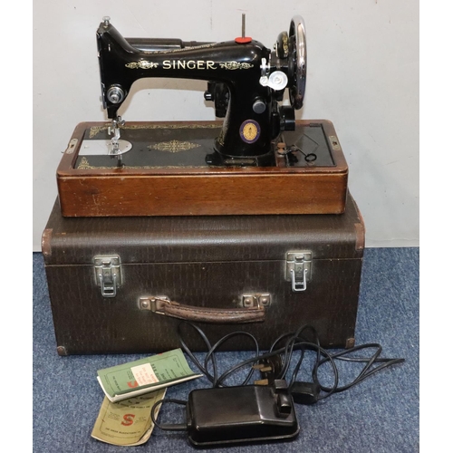 480 - A Singer 99K electric sewing machine with motor (cased), with accessories and instruction books