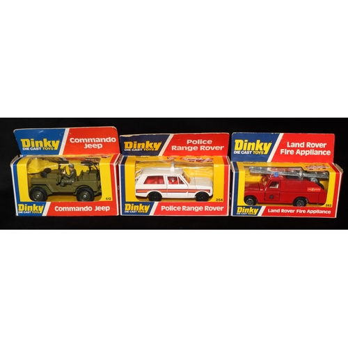 496 - 3 Dinky Die-cast models, Police Range Rover 254, Land Rover Fire Appliance 282 and Commando Jeep 612... 