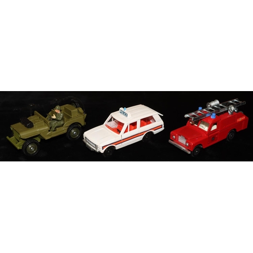 496 - 3 Dinky Die-cast models, Police Range Rover 254, Land Rover Fire Appliance 282 and Commando Jeep 612... 