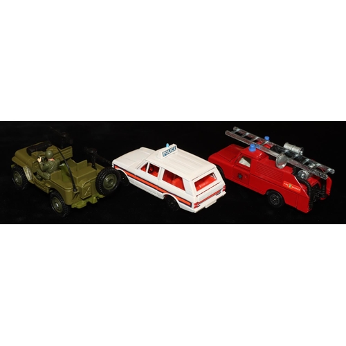 496 - 3 Dinky Die-cast models, Police Range Rover 254, Land Rover Fire Appliance 282 and Commando Jeep 612... 