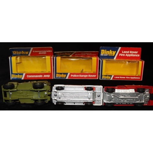 496 - 3 Dinky Die-cast models, Police Range Rover 254, Land Rover Fire Appliance 282 and Commando Jeep 612... 