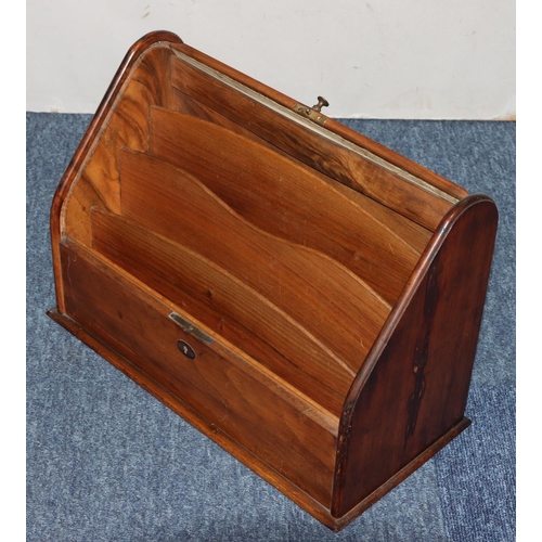 503 - A Victorian walnut tambour topped stationery box enclosing sectioned interior, 36cm wide, 25cm high