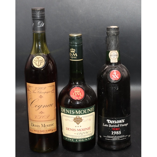 507 - Denis Mounie VSOP Fine Champagne Cognac, another Denis Mounie Cognac and a Taylor's late bottled Vin... 