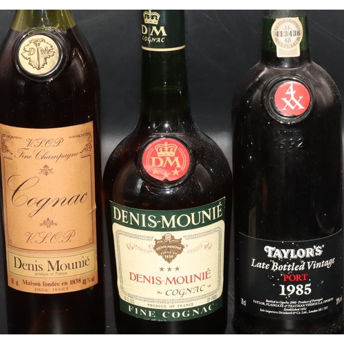 507 - Denis Mounie VSOP Fine Champagne Cognac, another Denis Mounie Cognac and a Taylor's late bottled Vin... 