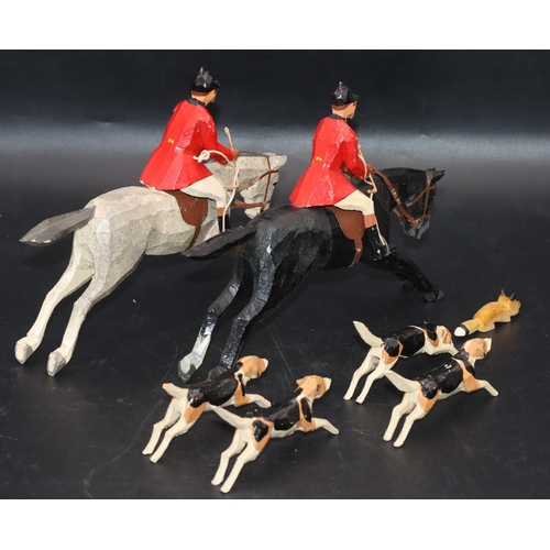 512 - Frank Whittington, Forest Toys of Brockenhurst, carved fox hunting group, grey horse galloping with ... 