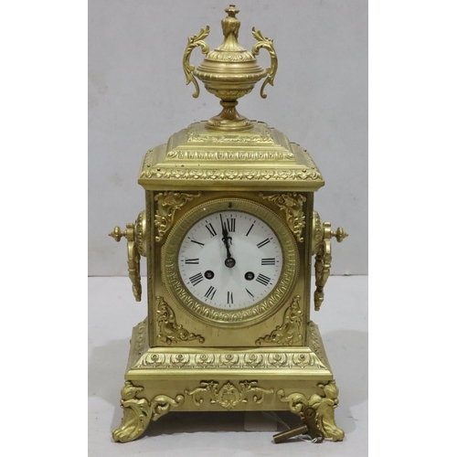 531 - Japy Freres 8-day striking gilt metal mantel clock with urn motif and allover raised leaf and scroll... 