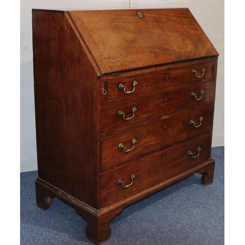 542 - A George III figured mahogany bureau with fall front enclosing fitted interior, panel door, pigeonho... 