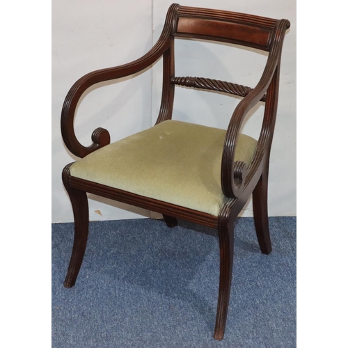 545 - A 19th Century mahogany carving chair with twist rope back, reeded decoration, green velvet drop-in ... 