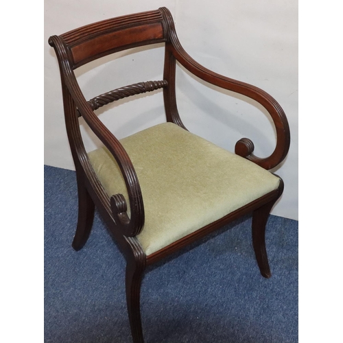 545 - A 19th Century mahogany carving chair with twist rope back, reeded decoration, green velvet drop-in ... 