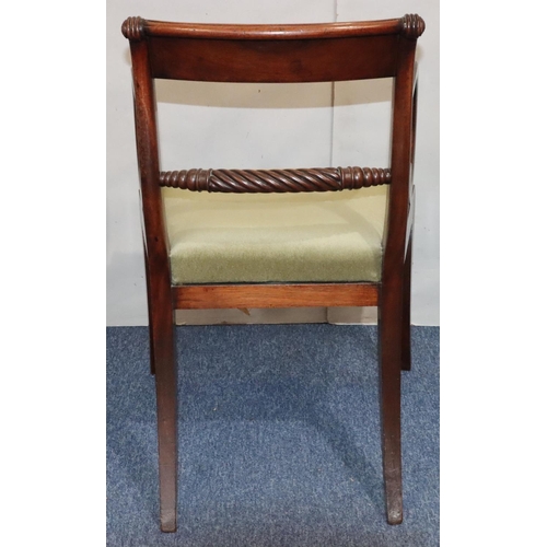 545 - A 19th Century mahogany carving chair with twist rope back, reeded decoration, green velvet drop-in ... 