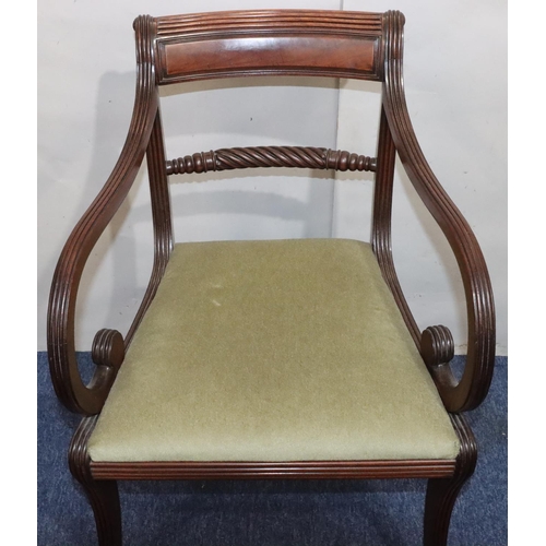 545 - A 19th Century mahogany carving chair with twist rope back, reeded decoration, green velvet drop-in ... 