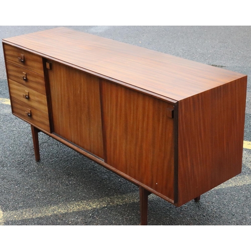 A Danish mid Century sideboard with 2 sliding doors and 4 drawers to one end, tapering fluted legs, 153cm wide, 46cm deep, 77cm high