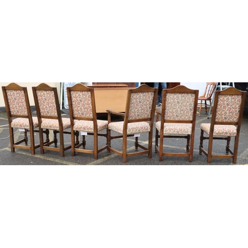 568 - A set of 6 good quality oak dining chairs with cream floral overstuffed seated and backs with studde... 